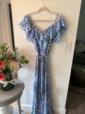 Lilly Pulitzer Lavender and Blue Floral Ruffle Maxi Dress